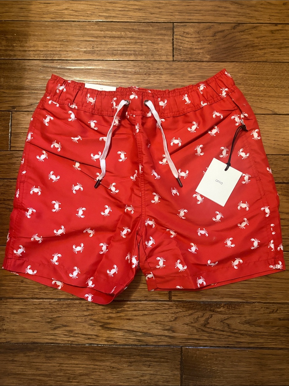 Onia Red Swim Shorts with White Crab Print